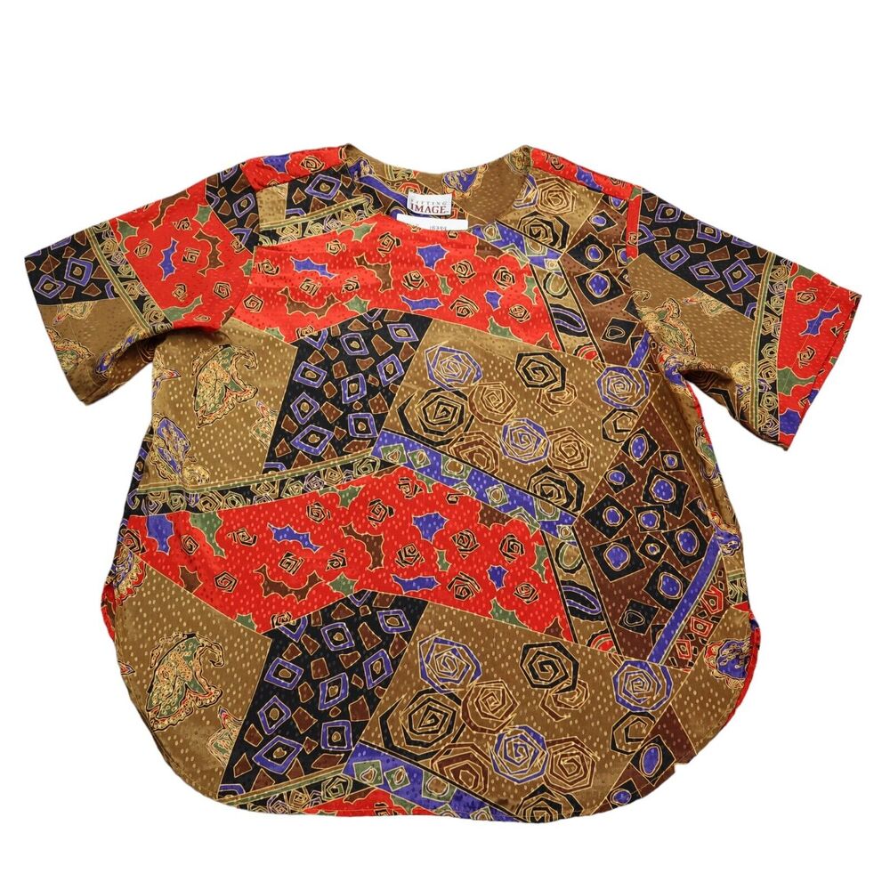 Fitting Image Shirt Womens Multicolor Patchwork Design Round Neck Short Sleeve